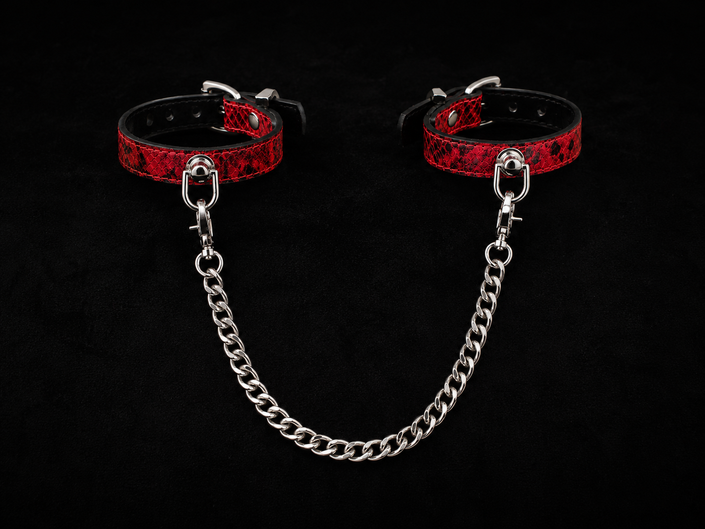Crimson Cuffs — Red Python Leather with Silver Chain