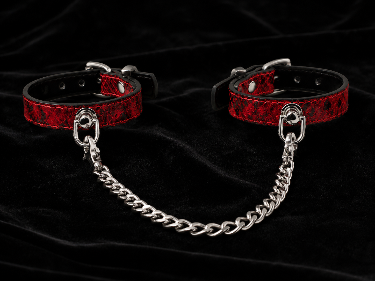 Crimson Cuffs — Red Python Leather with Silver Chain