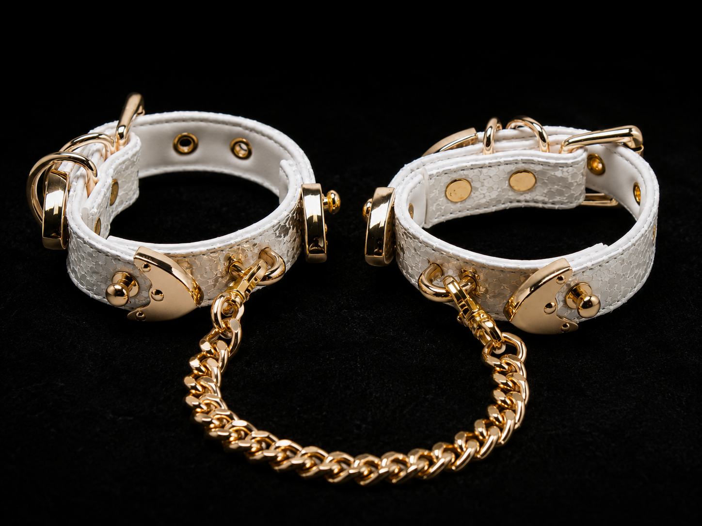 Ivory Cuffs — White Python Leather with Rose Gold Heart Lock & Chain