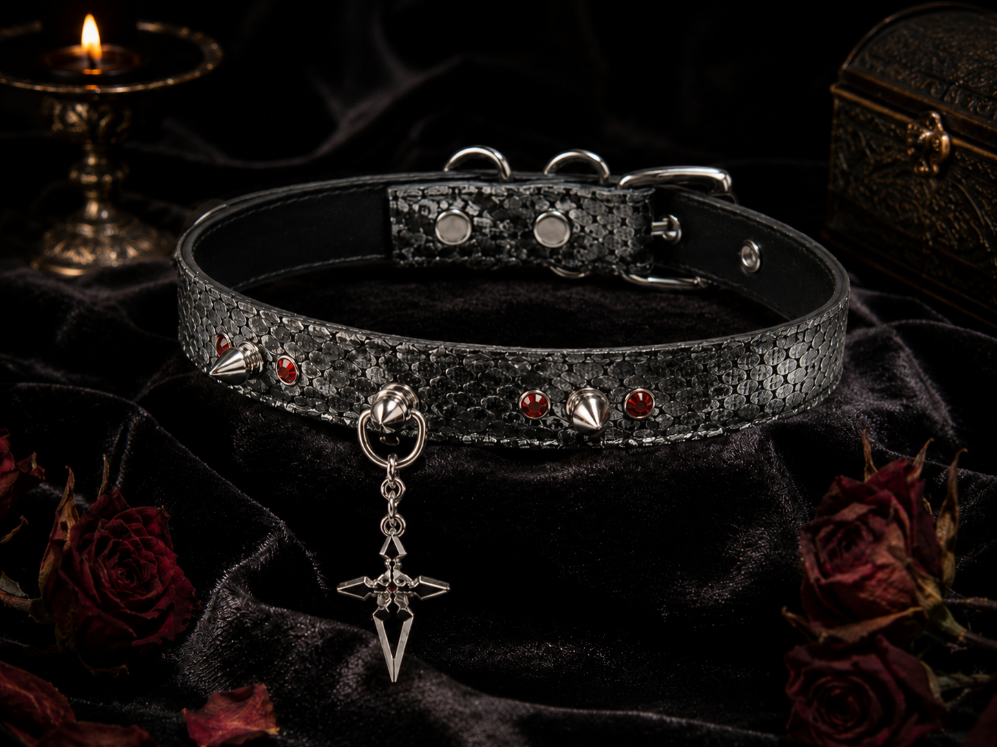 Serpent Cross Choker — Snake-Embossed Leather with Crystal Spikes