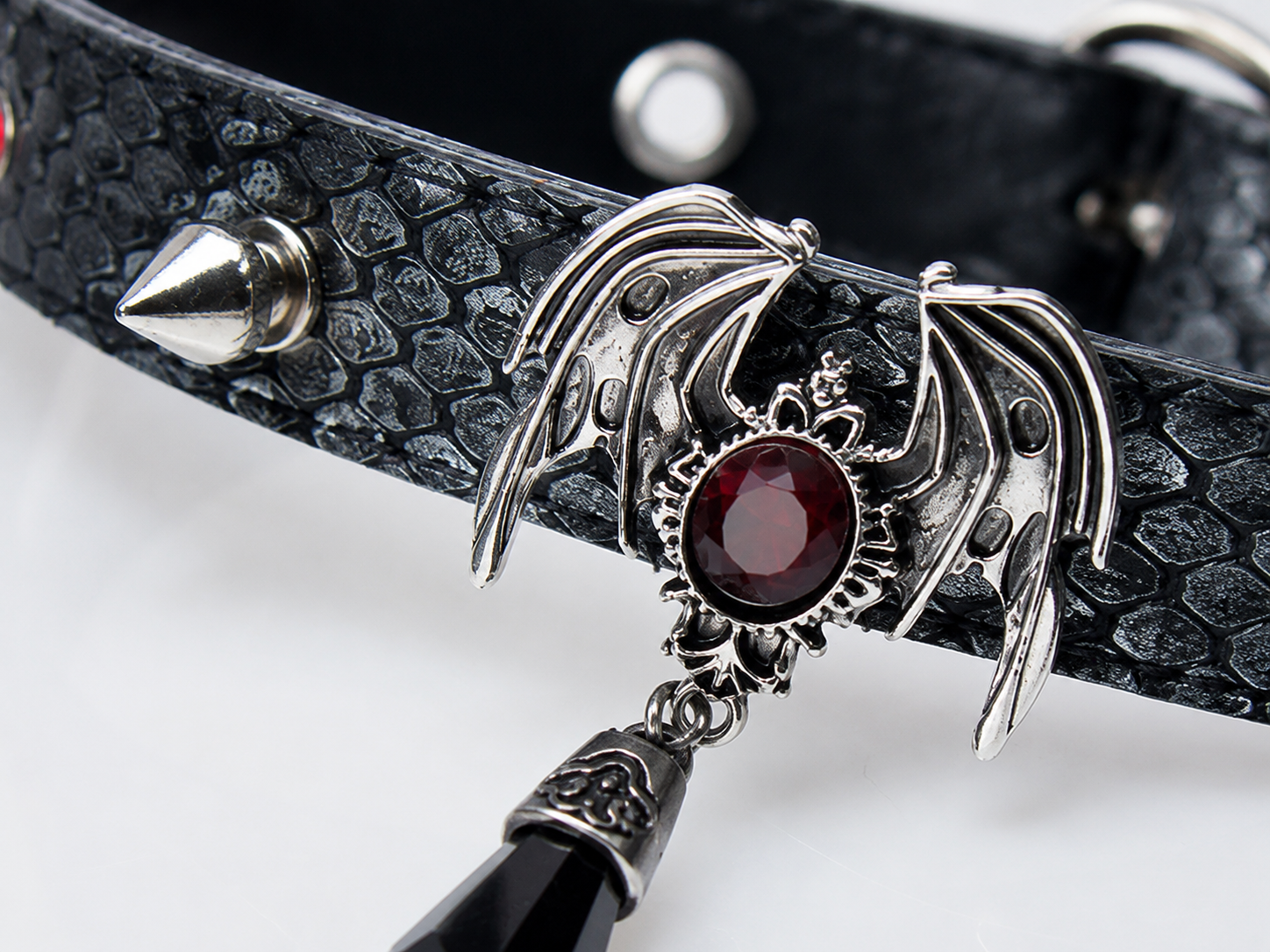 Crimson Bat Choker — Snake-Embossed Leather with Gothic Bat Pendant