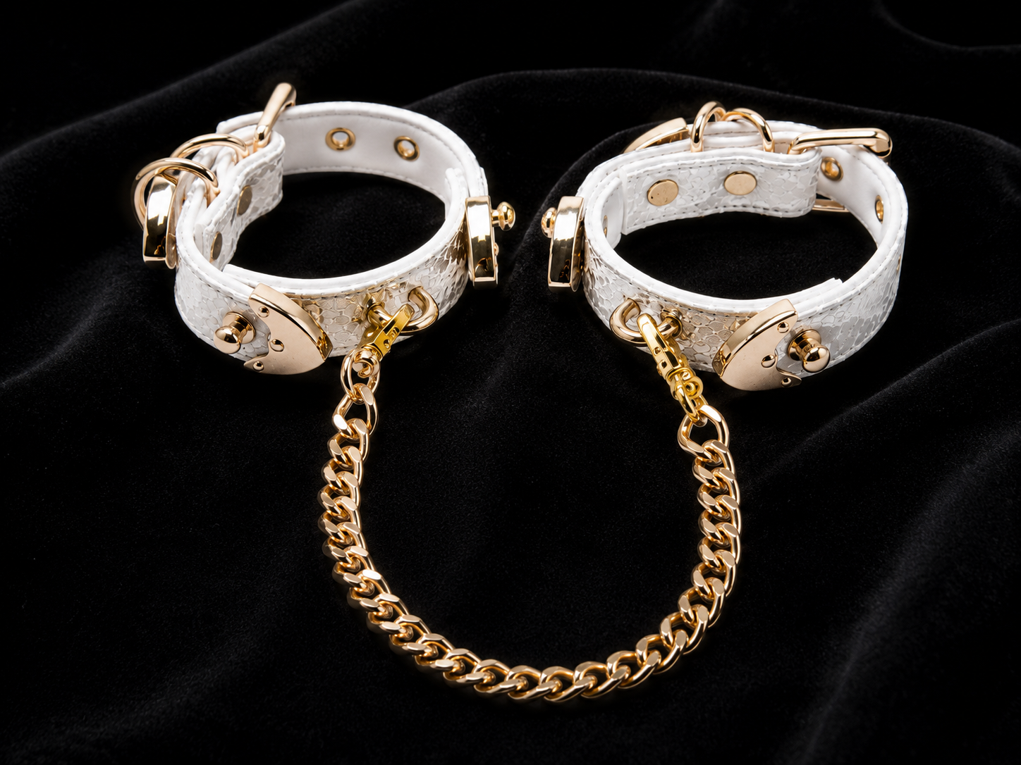 Ivory Cuffs — White Python Leather with Rose Gold Heart Lock & Chain